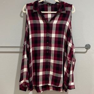 Express Cold Shoulder Button Up Flannel in Magenta Multi Buffalo Plaid